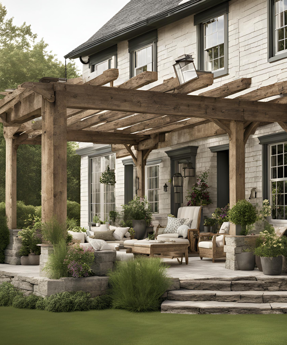 rustic pergola attached to country house